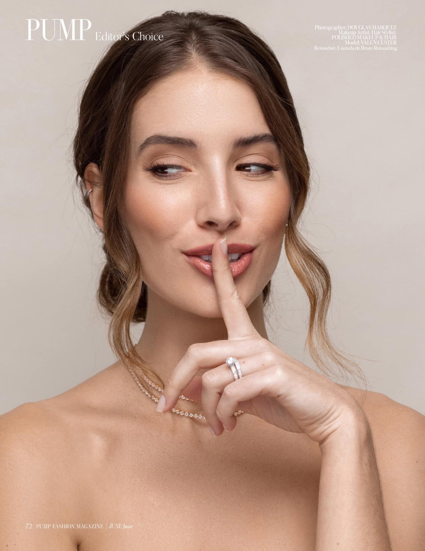 Beauty editorial portrait with a hand raised to the lips