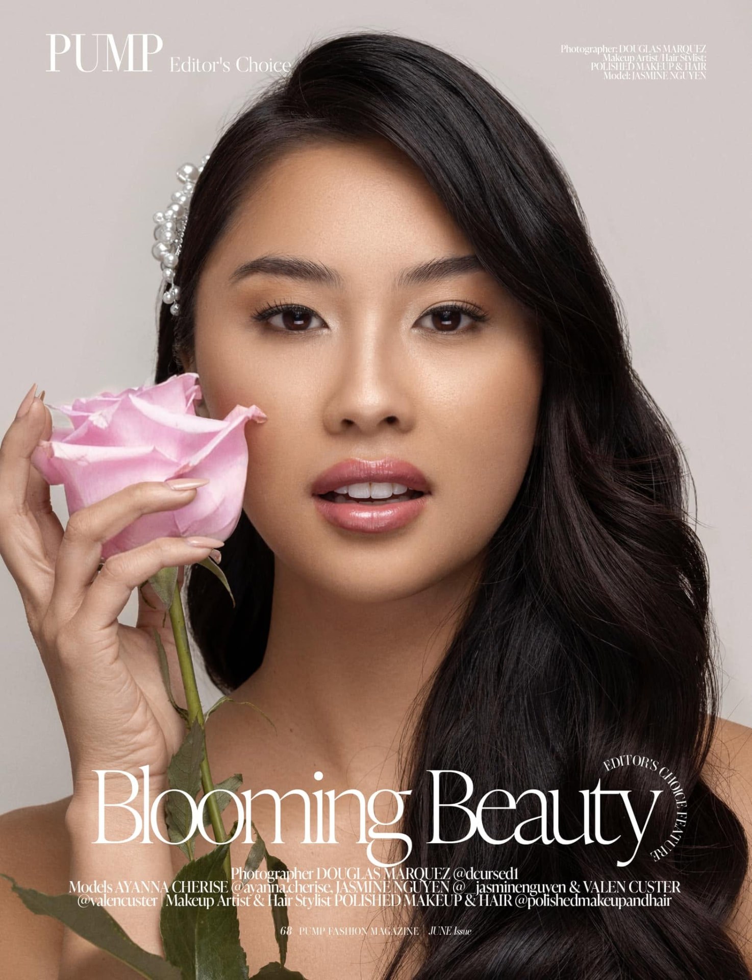 Beauty editorial portrait holding a pink rose